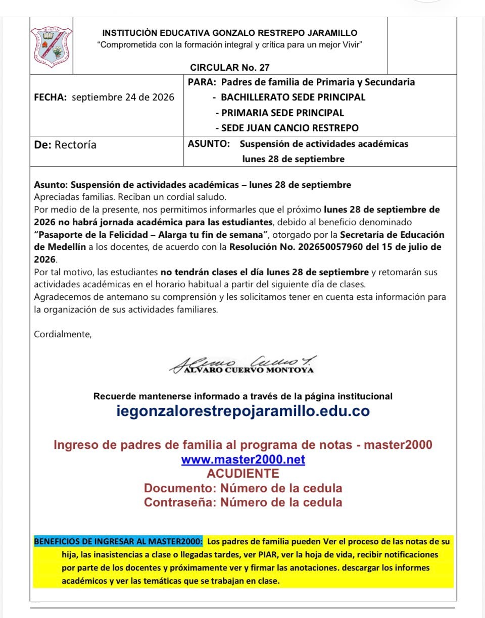 Circular 27 No hay clases el lunes 28 de septiembre